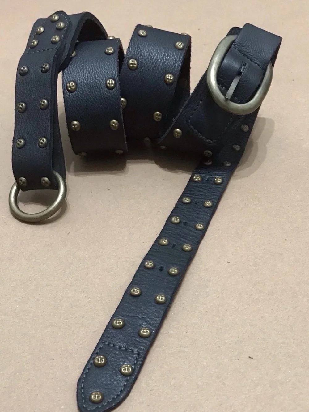 Free People Black Leather Belt Brass Buckle Studded Boho Western One size